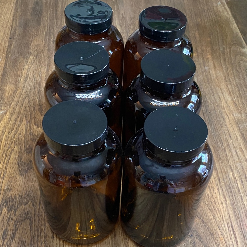 Set of 6 - 20 oz Amber Glass Jars with Black Lids. Recycled